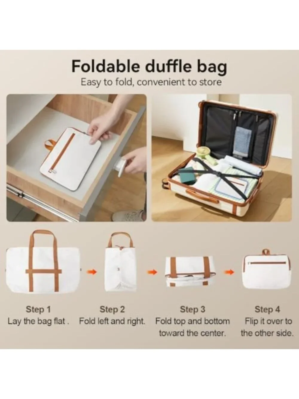 Spacious 60L Travel Duffel Bag - Foldable Large Tote for Carry-On, White/Brown
